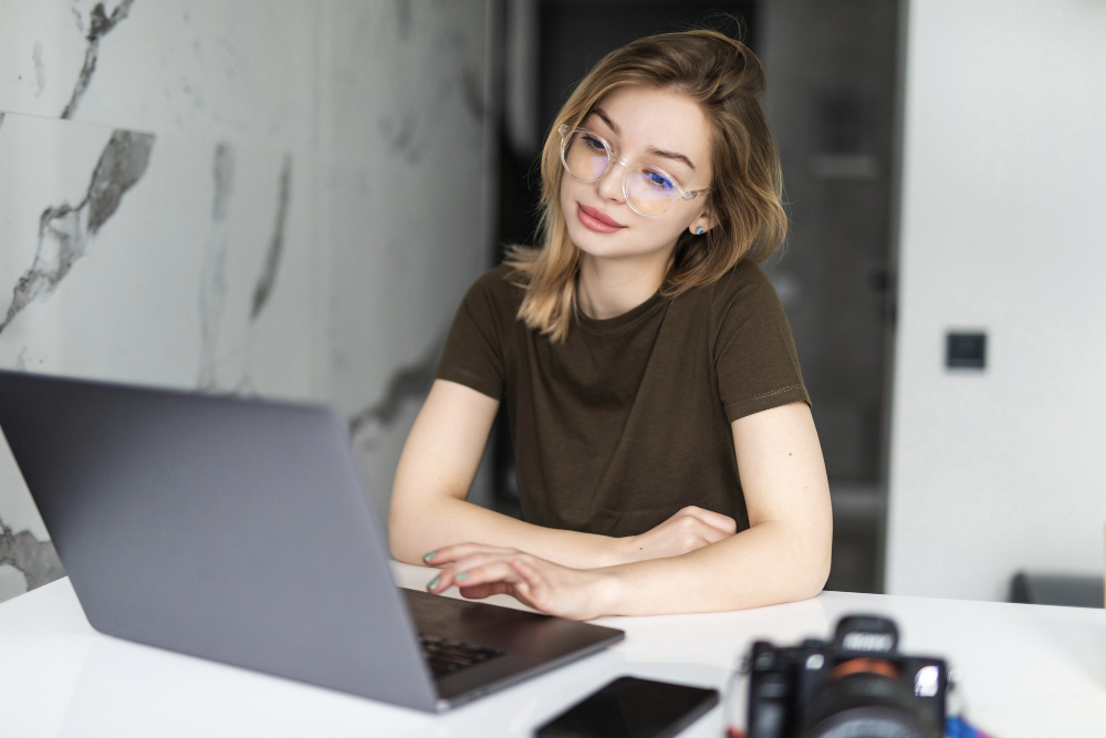 Young pretty photographer processing images laptop looking photocamera home